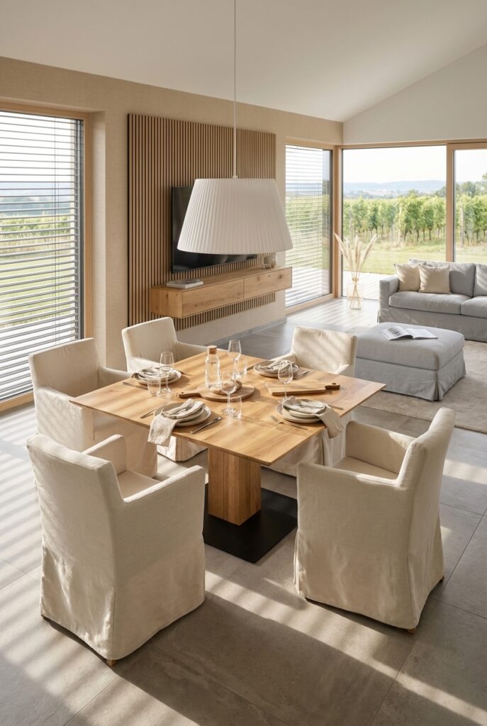 Quadratischer Esstisch Sala aus Wildeiche, ideal für kleine Räume, sorgt für Ordnung und Symmetrie im Esszimmer