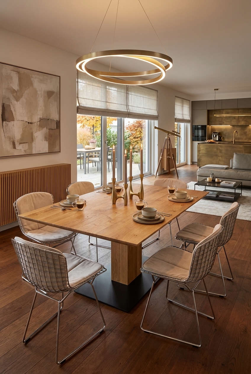 Alt-Text: Elegantes Esszimmer mit gebürsteten Messingakzenten und quadratischem Sala Esstisch aus Wildeiche
