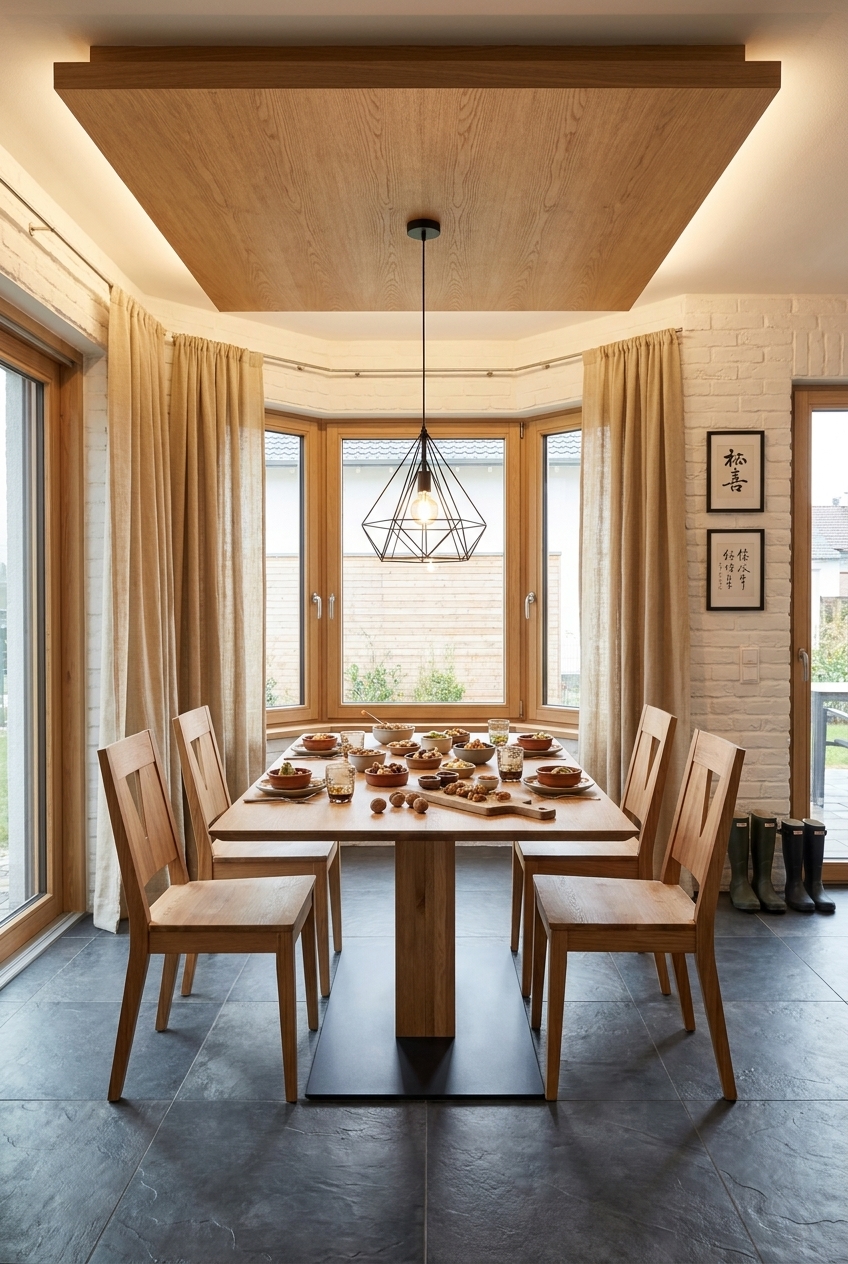 Pendelleuchte über dem Esstisch Sala aus Wildeiche schafft modernen Lichtfokus