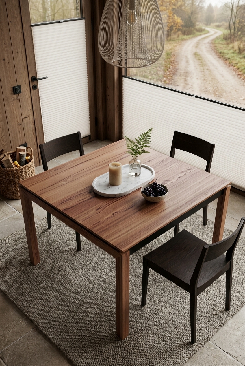 Weiße Kerze und Farnblatt in Glasvase auf ovalem Marmortablett auf quadratischem Esstisch Sala