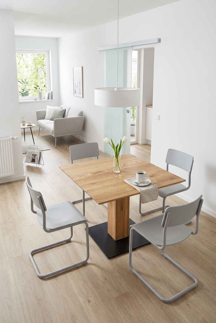 Kompakter Esstisch Sala aus Wildeiche mit Glasschiebetür zur Raumtrennung