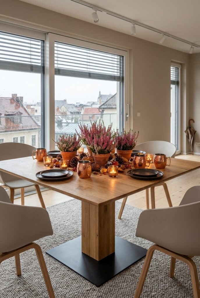 Drei Töpfe Heidekraut mit Zapfen, Nüssen und Kerzen auf quadratischem Esstisch Sala