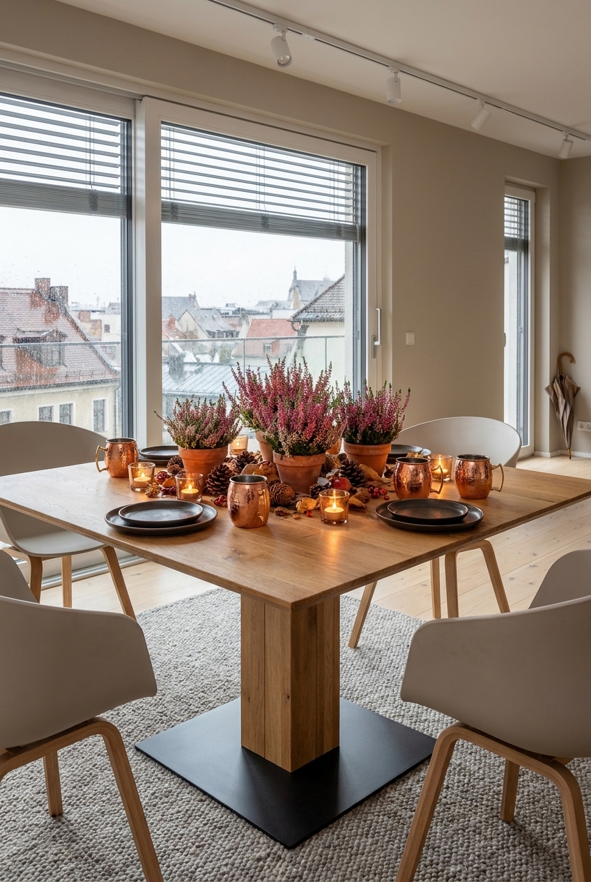 Drei Töpfe Heidekraut mit Zapfen, Nüssen und Kerzen auf quadratischem Esstisch Sala