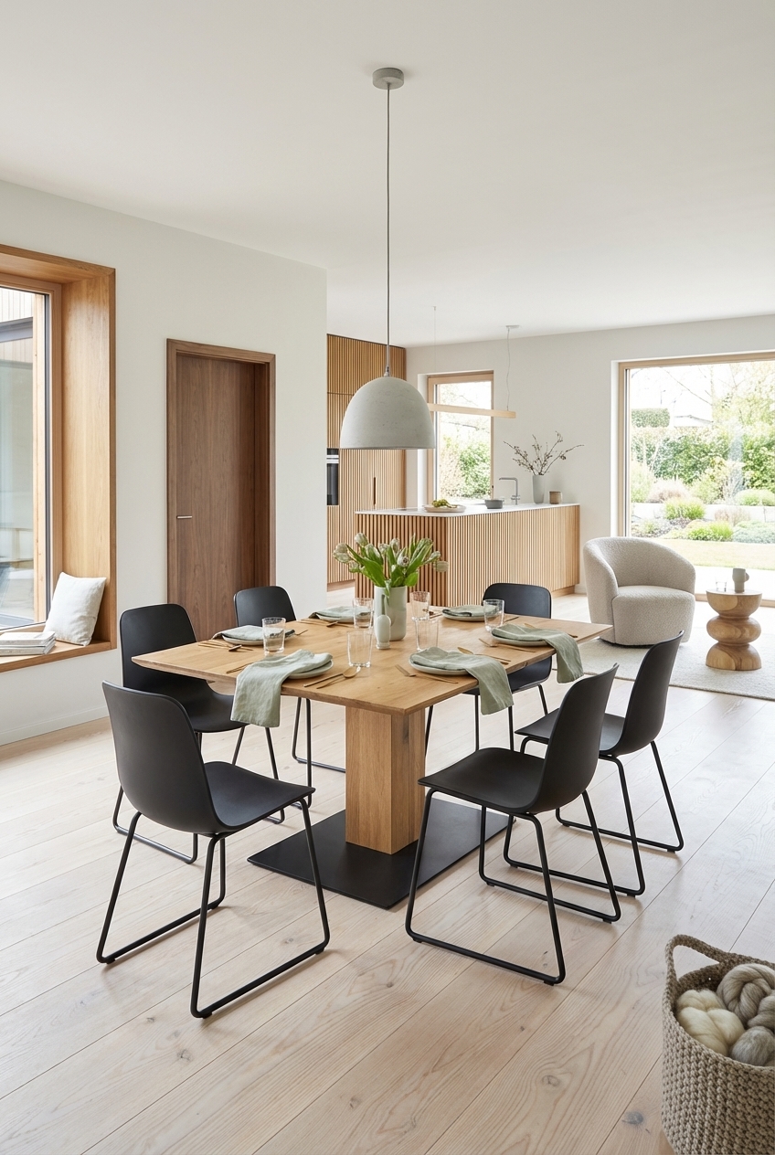 Leinentextilien in sanften Farbtönen auf einem quadratischen Esstisch aus Wildeiche