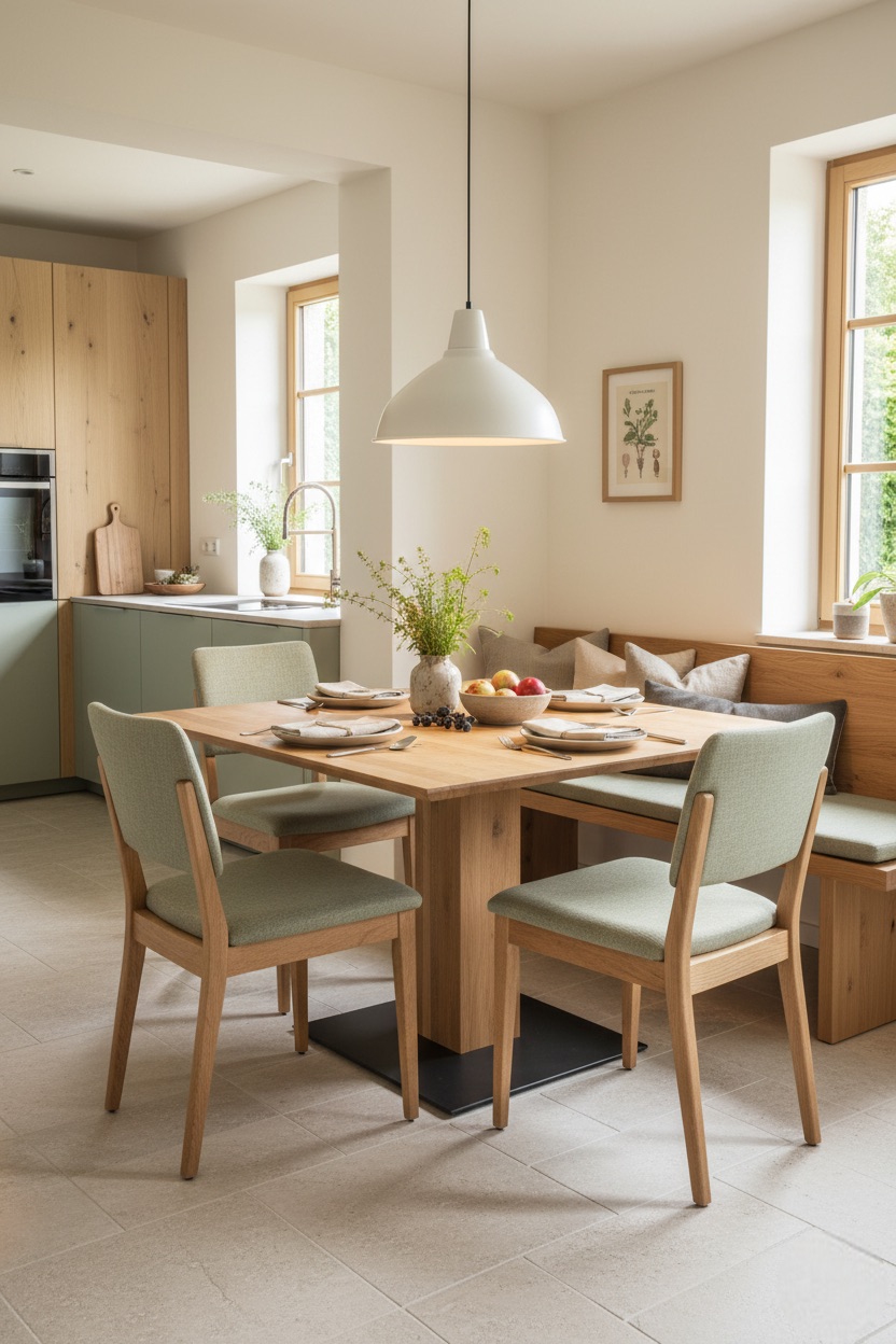 Esszimmer mit harmonischer Sitzbank und Stühlen in einheitlichem Salbeigrün.