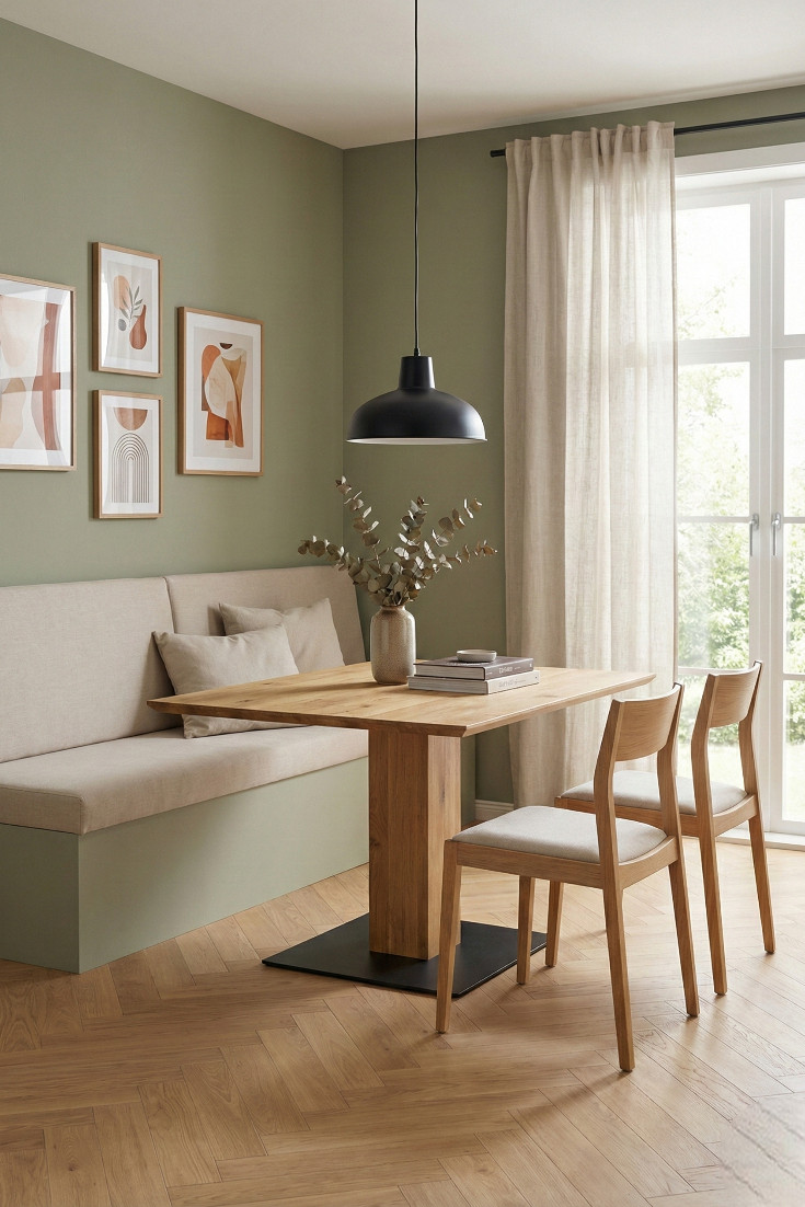 Esszimmer mit Sitzbank und gedämpft grüner Wandgestaltung, Holztisch Sala quadratisch