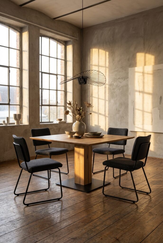 Moderner quadratischer Esstisch Sala aus Wildeiche in kleinem Esszimmer mit klaren Linien