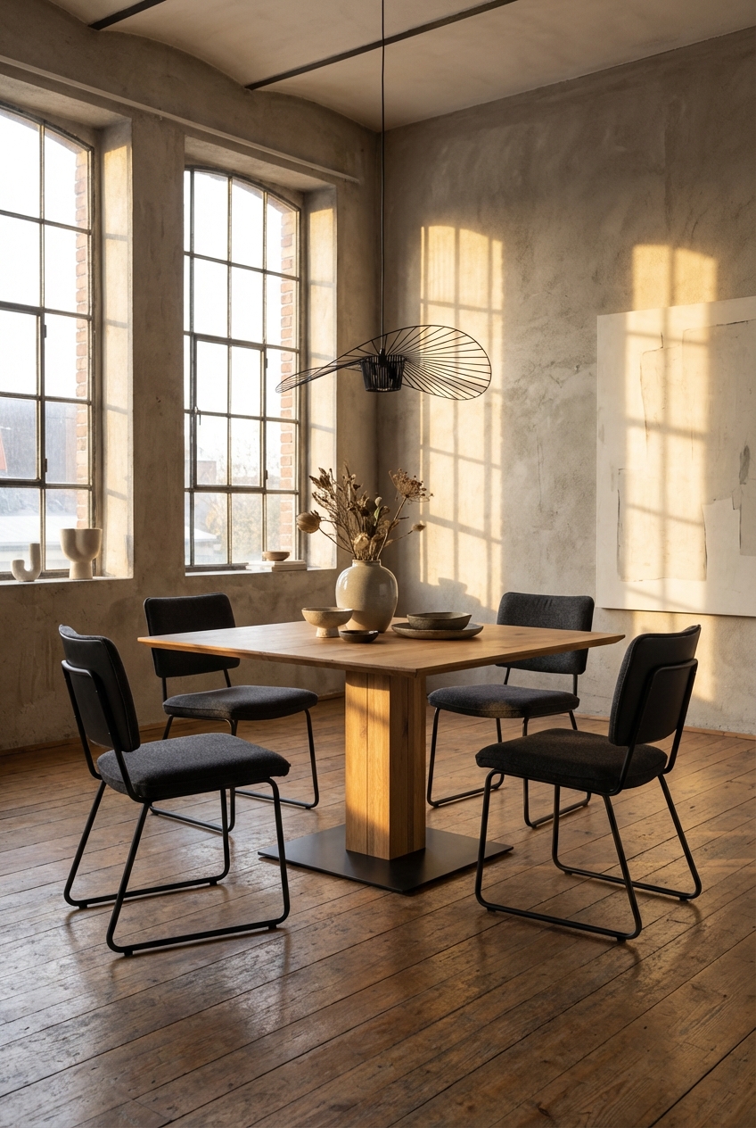 Moderner quadratischer Esstisch Sala aus Wildeiche in kleinem Esszimmer mit klaren Linien