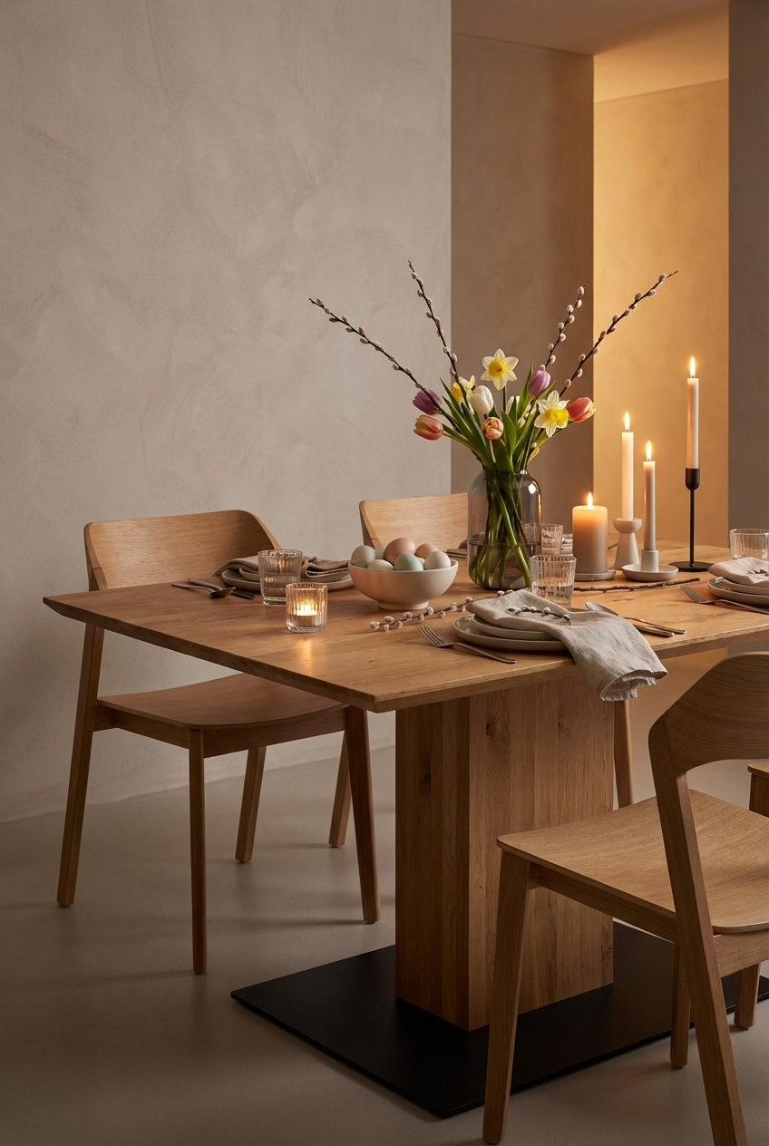 Tischdeko zu Ostern mit verschiedenen Gläsern und Teelichthaltern auf einem quadratischen Esstisch aus Wildeiche