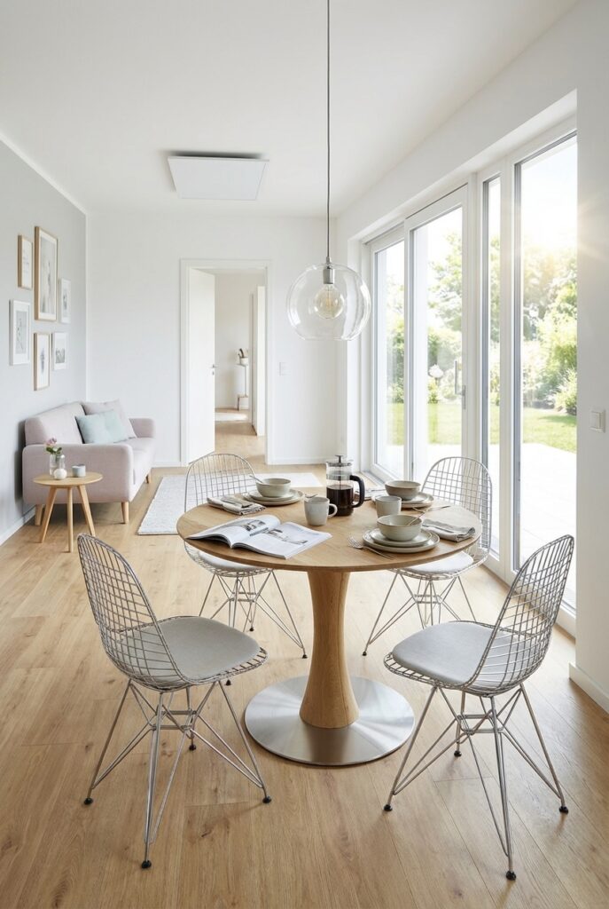 Kombination aus filigranen Stühlen und massivem Esstisch Sala aus Wildeiche im kleinen Wohn- und Esszimmer