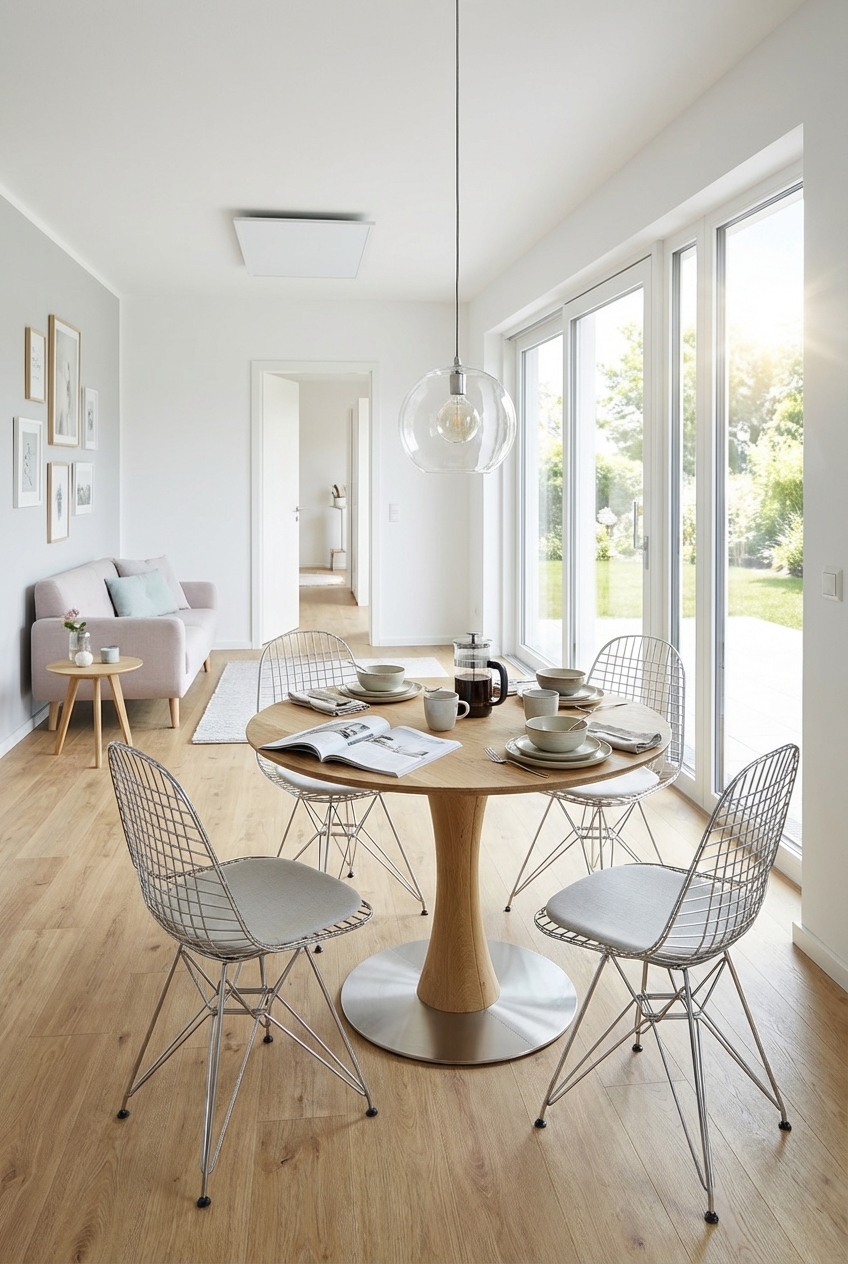 Kombination aus filigranen Stühlen und massivem Esstisch Sala aus Wildeiche im kleinen Wohn- und Esszimmer