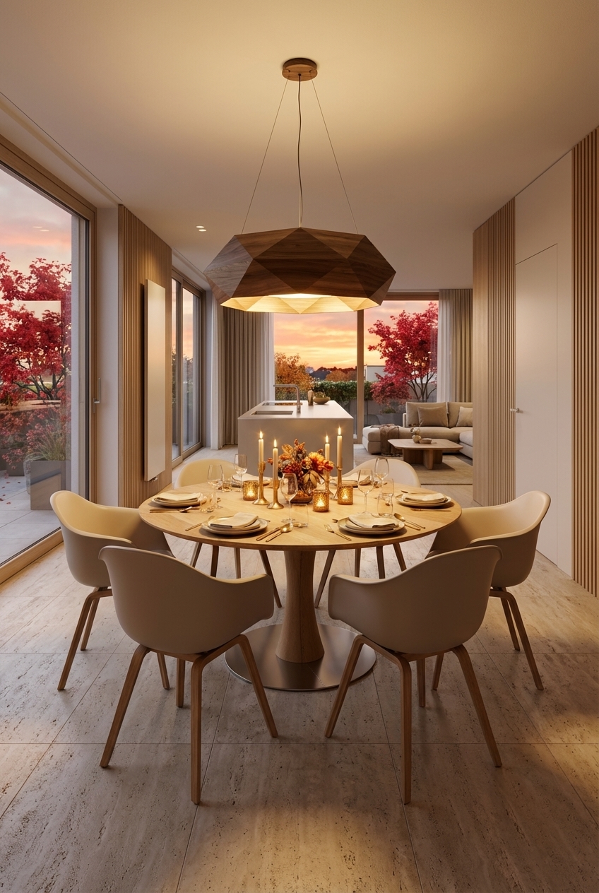 Ein runder Esstisch aus Wildeiche mit mehreren Kerzen für eine warme Atmosphäre