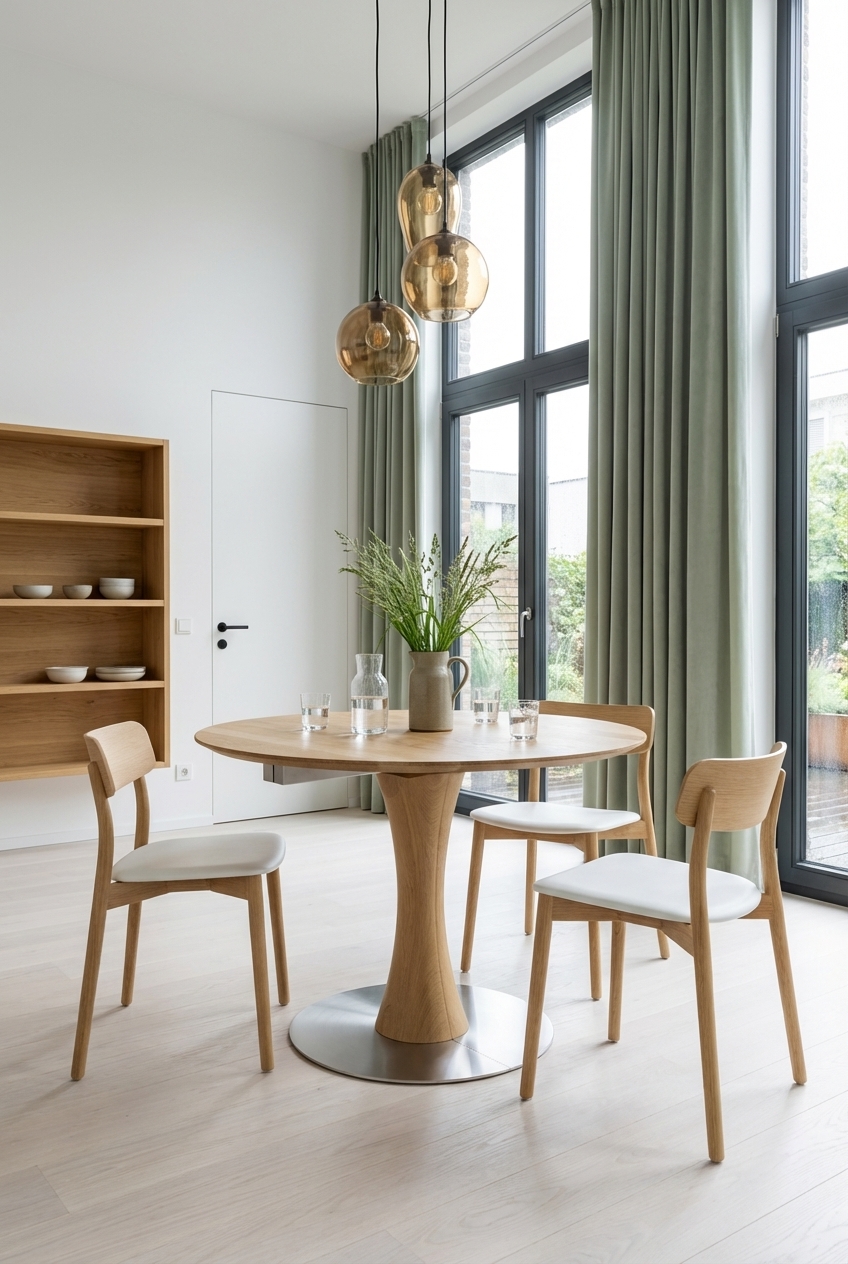 Grüne Vorhänge rahmen den runden Esstisch Sala aus Wildeiche und schaffen eine ruhige Atmosphäre.