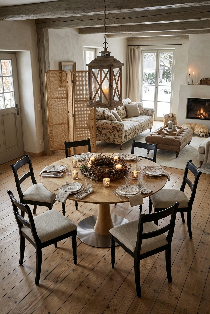 Ein lichtdurchlässiger Paravent aus Wienergeflecht trennt den Essbereich sanft ab, während der runde Esstisch Sala aus Wildeiche im Vordergrund steht