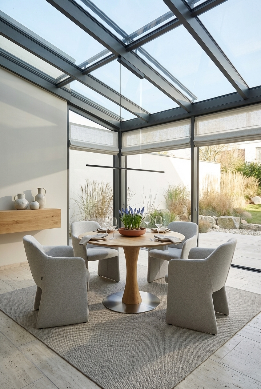 Runder Esstisch Sala aus Wildeiche eignet sich ideal für kleine Wintergärten, da er offenen Raum schafft.