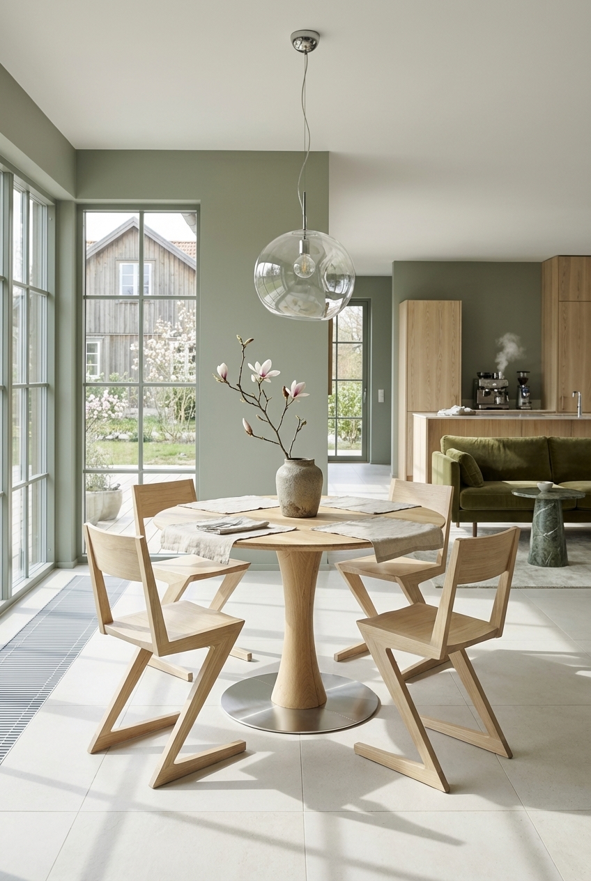 Runder Teppich in Naturtönen Zonierung des Essbereichs um den Esstisch Sala aus Wildeiche