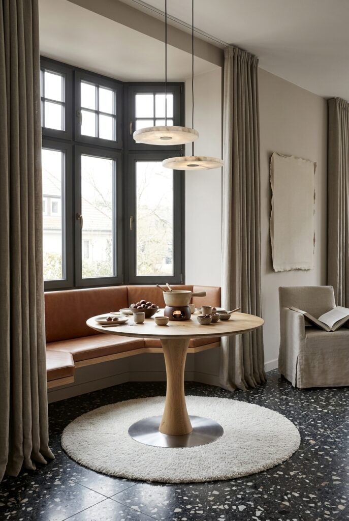 Runder Esstisch Sala aus Wildeiche vor einer gepolsterten Eckbank mit zwei Pendelleuchten.