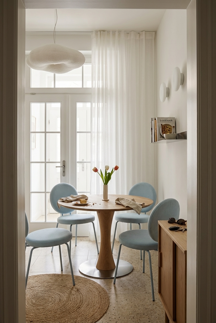 Kleines Esszimmer mit flachem Sideboard und ausziehbarem Rundtisch Sala aus Wildeiche