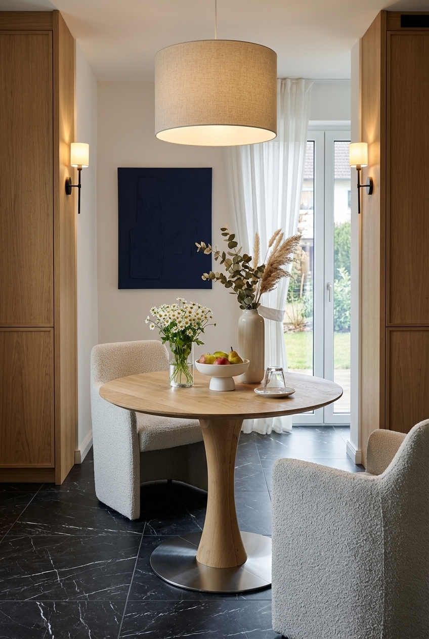 Essnische mit raumhohen Einbauschränken und rundem Esstisch Sala in Wildeiche