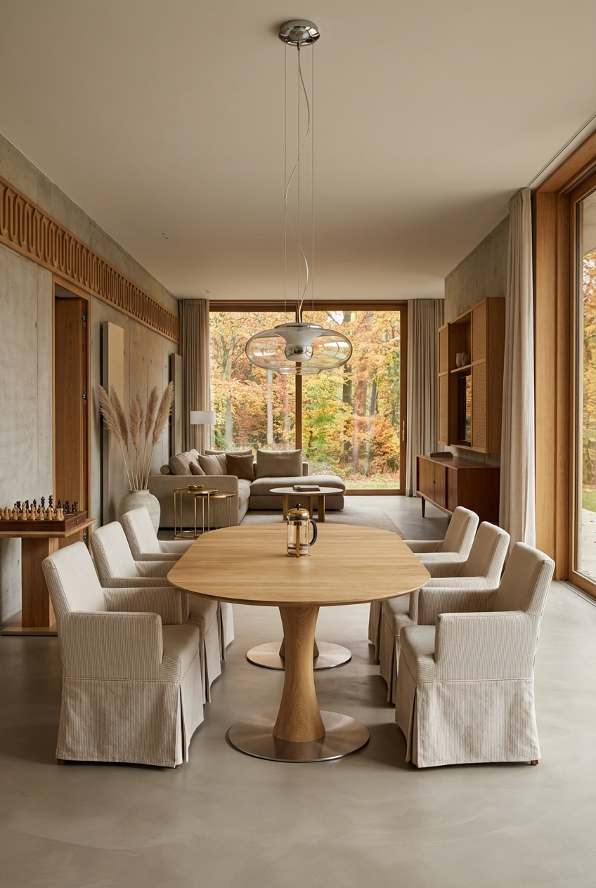 Bodenlange Hussen um den runden Esstisch Sala aus Wildeiche beruhigen den Raum.