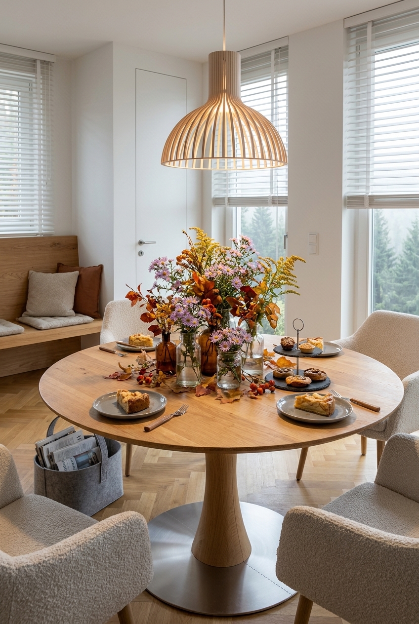 Rosa Astern, Goldrute und Herbstlaub in Glasflaschen auf rundem Esstisch Sala Sanduhr