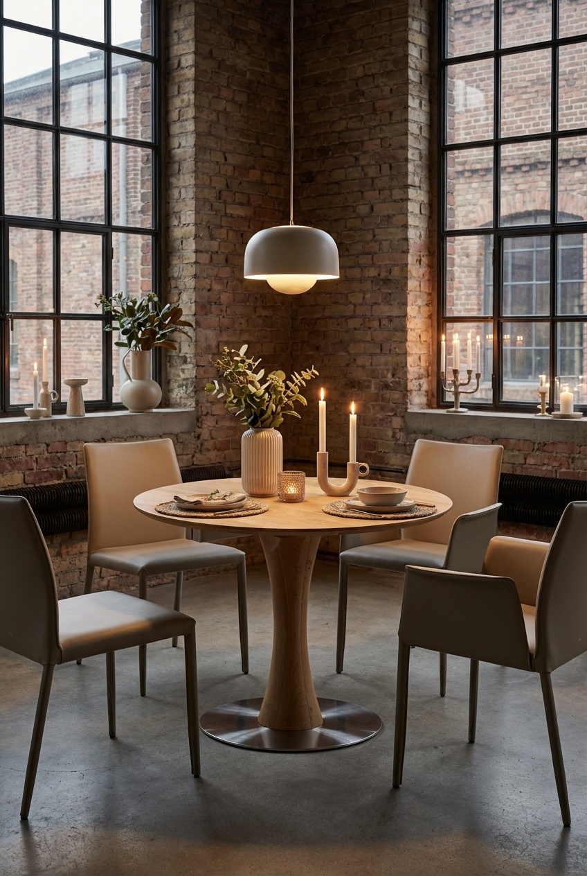 Modernes Esszimmer mit bunten Sitzpolstern und dem runden Ausziehtisch Sala aus Wildeiche