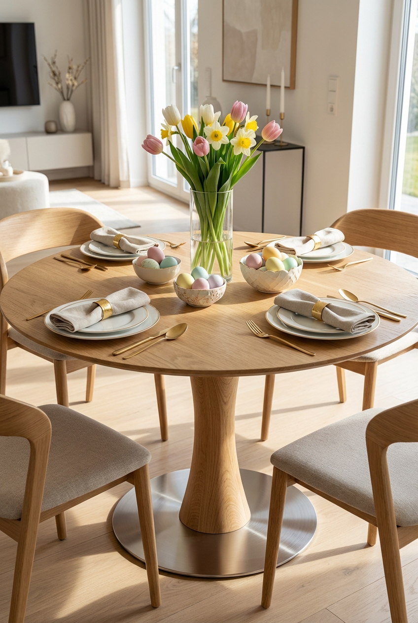 Tischdekoration zu Ostern mit warmem Holzton des runden Esstischs Sala aus Wildeiche