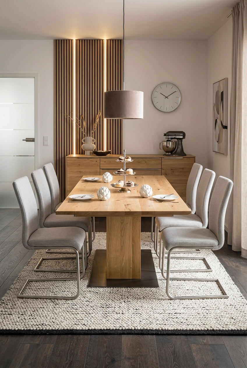 Sideboard vor Holzpaneelwand und Esstisch Tardino aus Wildeiche im harmonischen Raumarrangement