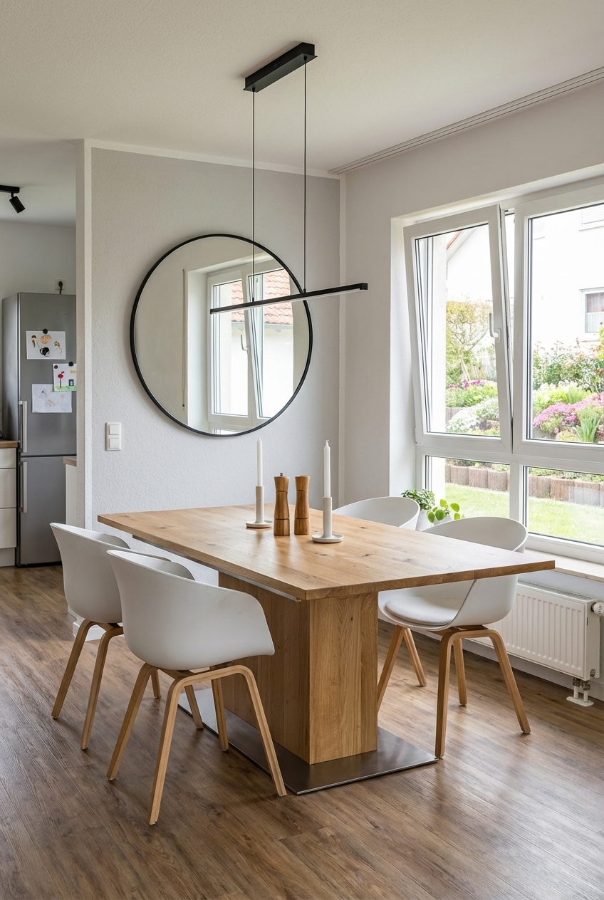 Ein runder Spiegel mit dunklem Rahmen schafft Ruhe und reflektiert Licht im Esszimmer über dem Esstisch Tardino aus Wildeiche.