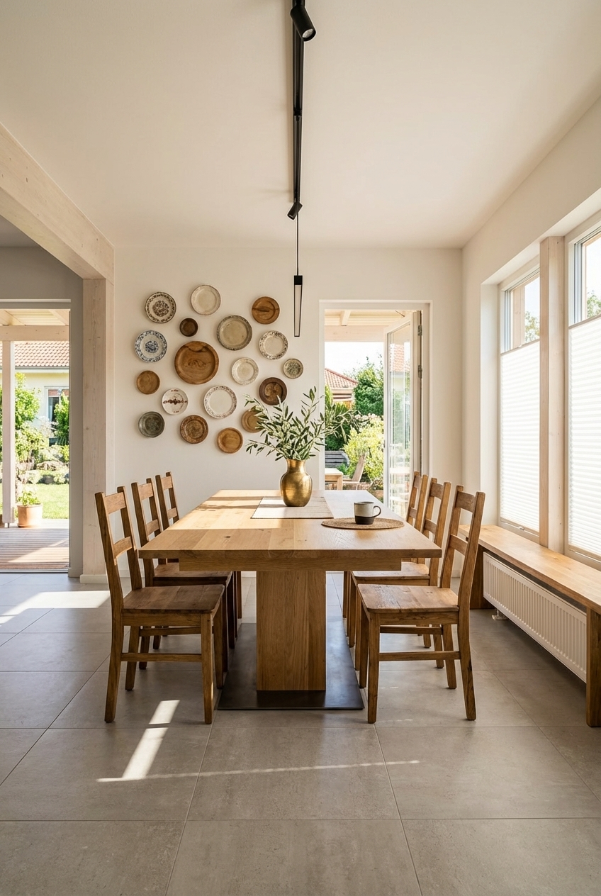 Dekorative Teller und Holzschalen in lockerer Anordnung schaffen eine lebendige Wandcollage im Esszimmer.
