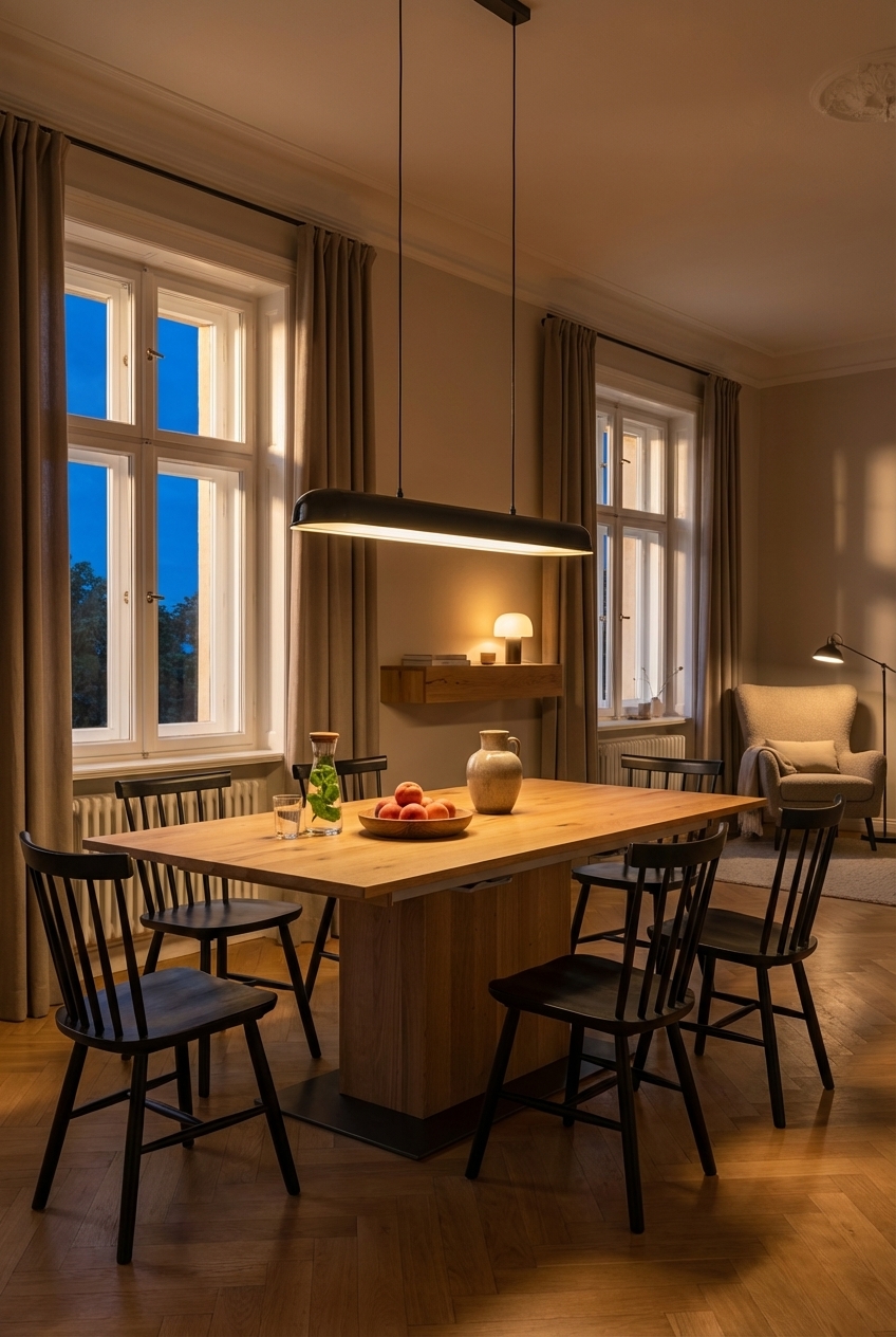 Längliche Leuchte über dem rechteckigen Esstisch Tardino aus Wildeiche für gleichmäßige Lichtverteilung