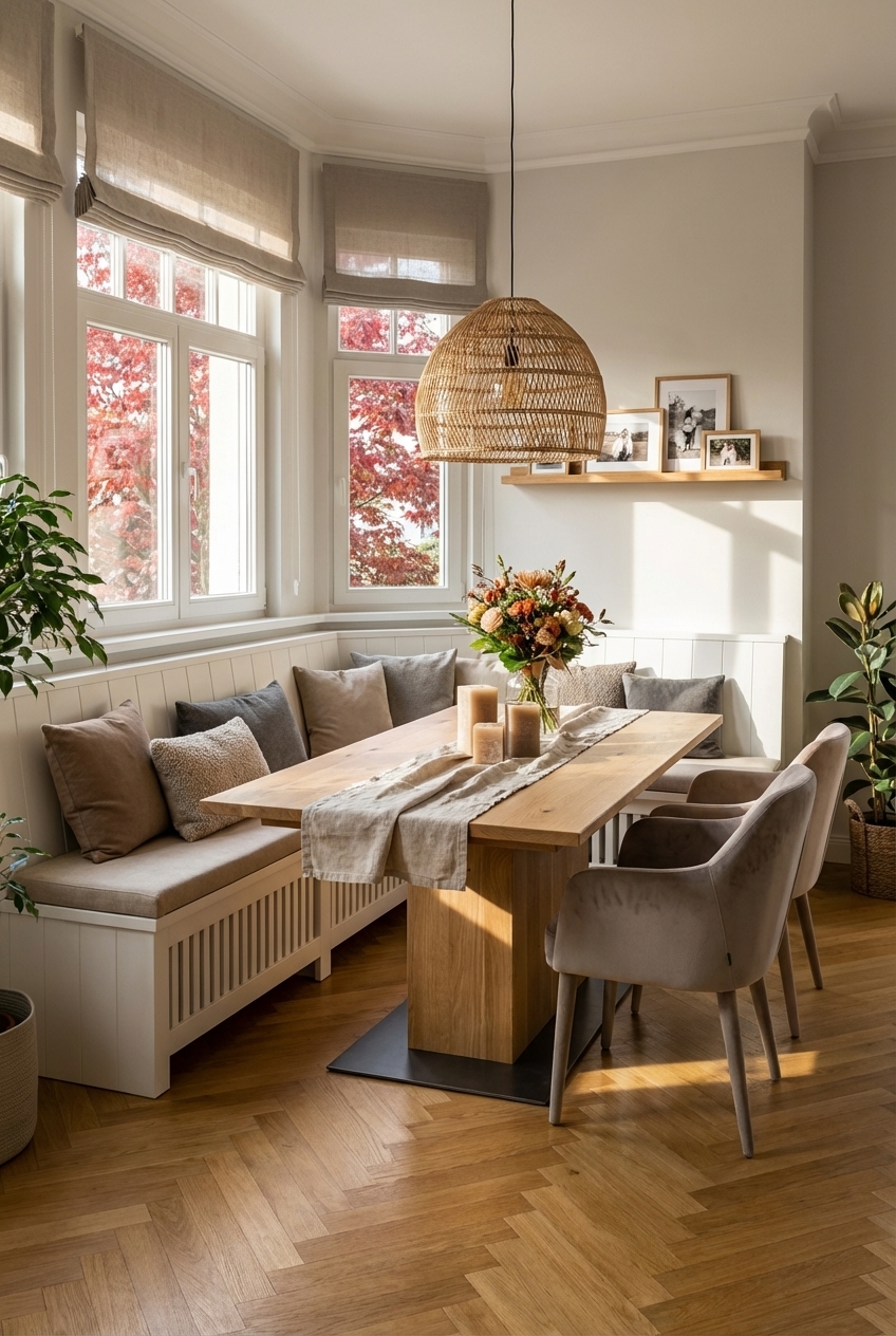 Eckbank mit senkrechten Lamellen und Esstisch Tardino aus Wildeiche, harmonisches Design.