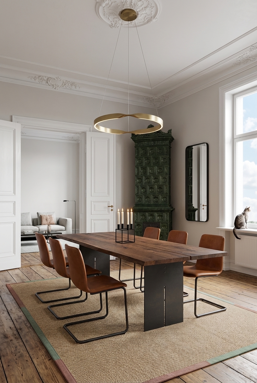 Cognacfarbene Lederstühle und der Nussbaumtisch Tarvisio 2 schaffen warme Akzente im Esszimmer.