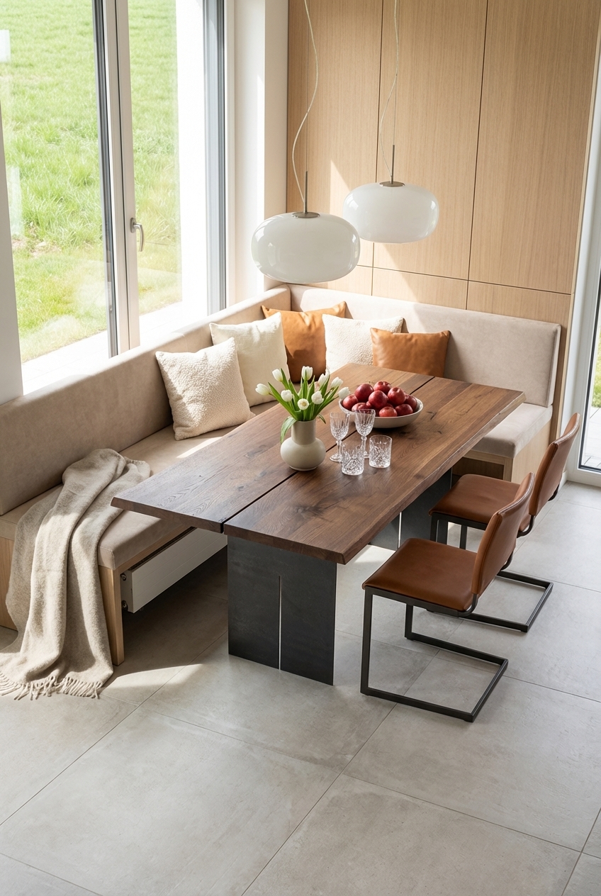 Heller grauer Boden mit großformatigen Fliesen und Esstisch Tarvisio 2 aus Nussbaum