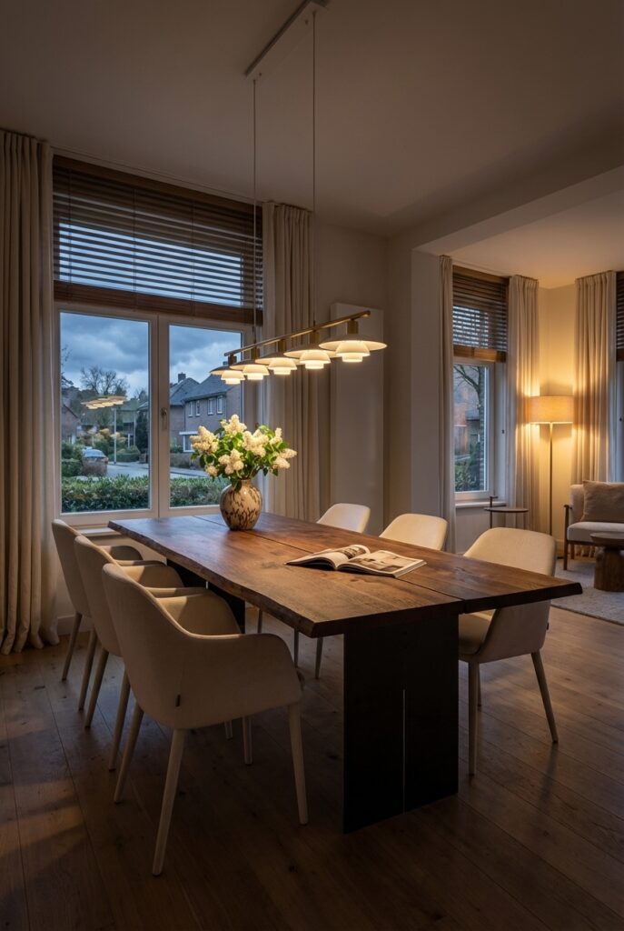 Esszimmer mit Jalousien, die Tageslicht und die warmweiße Deckenleuchte harmonisch kombinieren, auf einem Nussbaumtisch Tarvisio 2