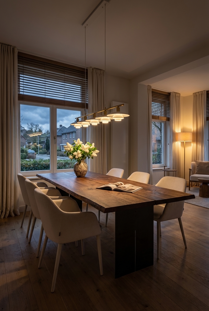 Esszimmer mit Jalousien, die Tageslicht und die warmweiße Deckenleuchte harmonisch kombinieren, auf einem Nussbaumtisch Tarvisio 2