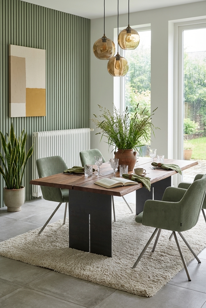Heller Teppich umrahmt den Essbereich mit dem Nussbaumtisch Tarvisio 2 und grünen Akzenten