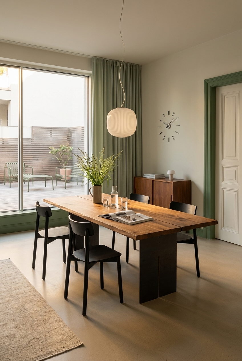 Grüne Türrahmen und Zargen umrahmen den Essbereich, ergänzt vom Nussbaum-Esstisch Tarvisio 2.