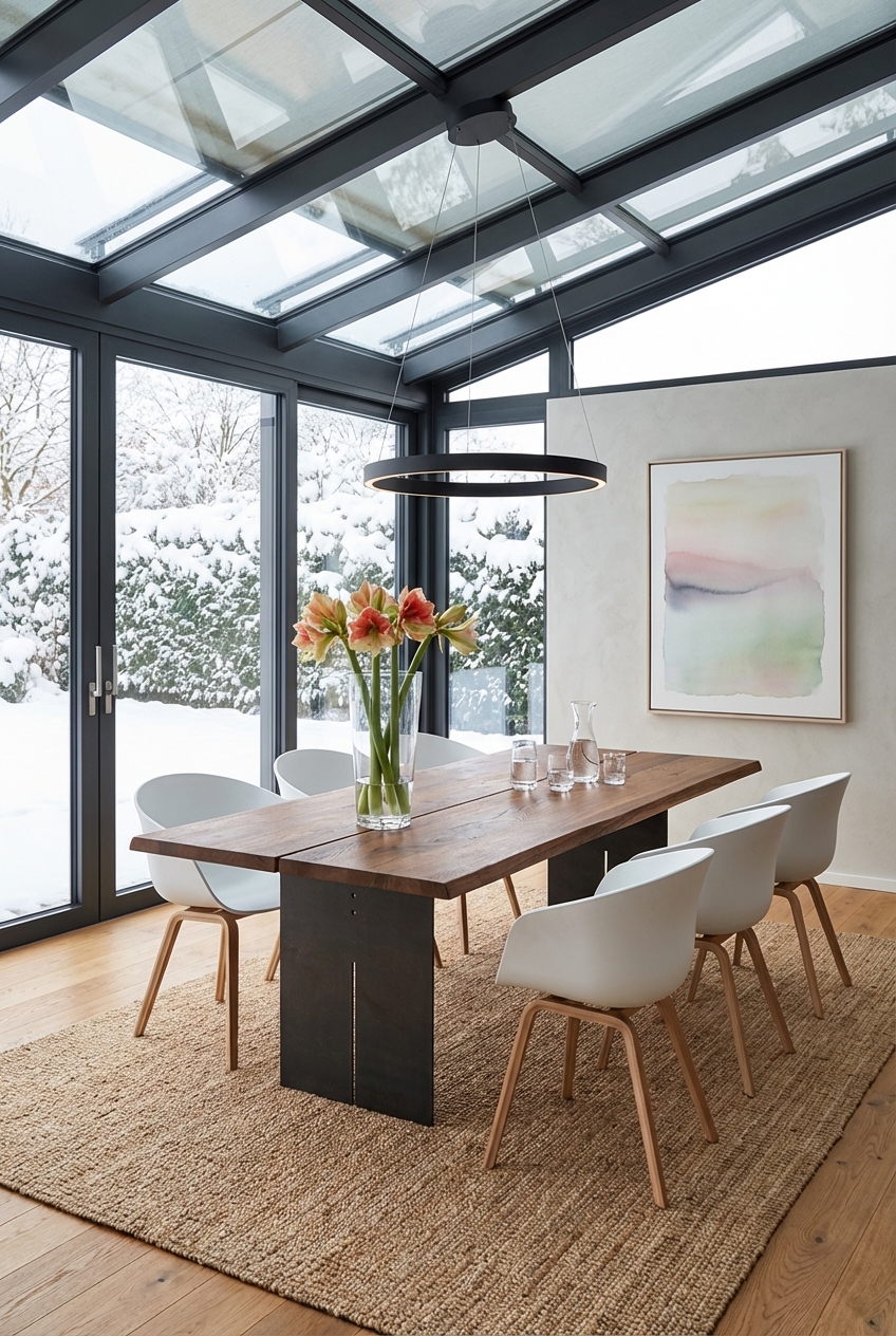 Dunkle Rahmenprofile und der Nussbaum-Esstisch Tarvisio 2 schaffen einen harmonischen Kontrast im lichtdurchfluteten Wintergarten