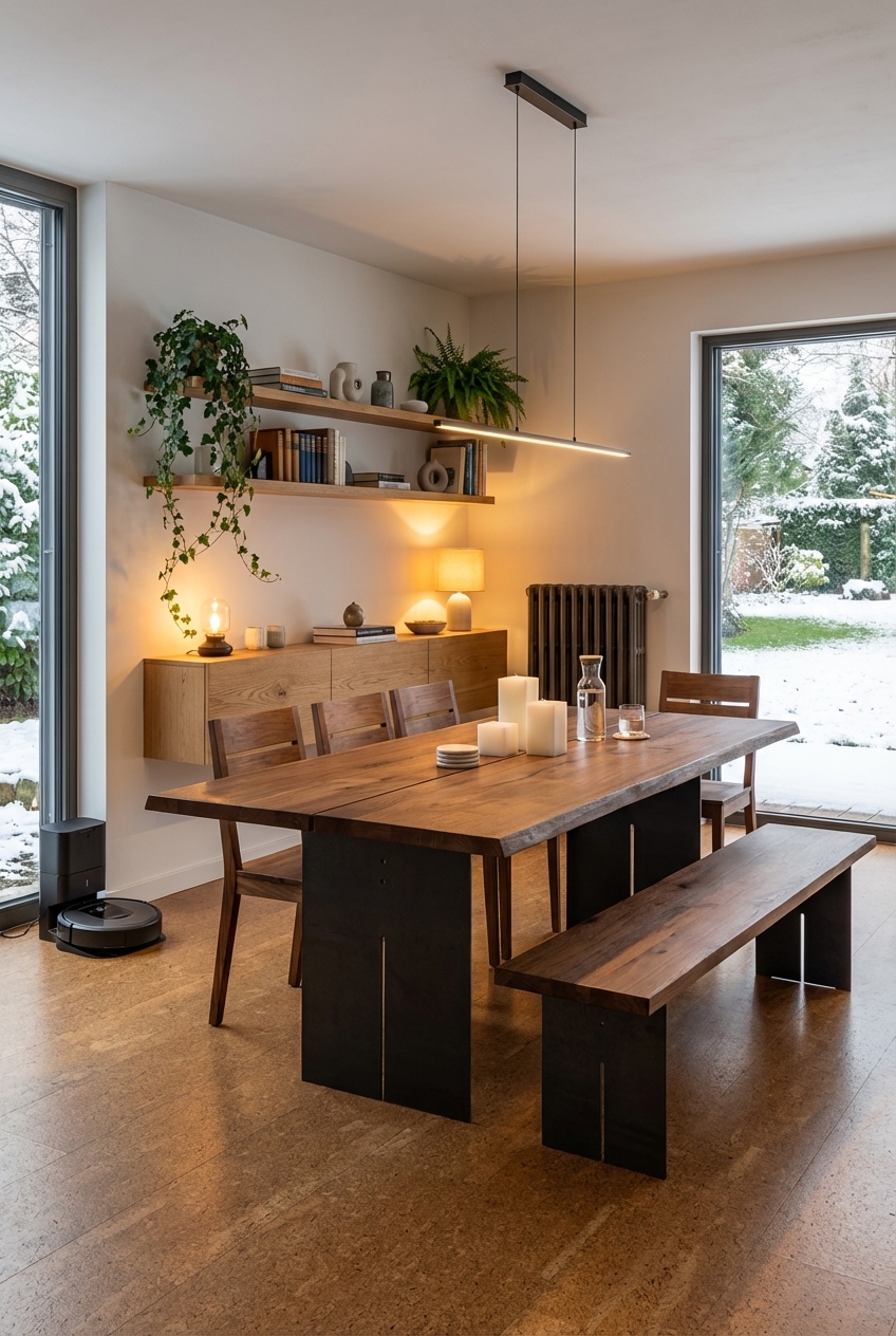 Niedriges Sideboard und Esstisch Tarvisio 2 aus Nussbaum schaffen eine harmonische Wandgestaltung