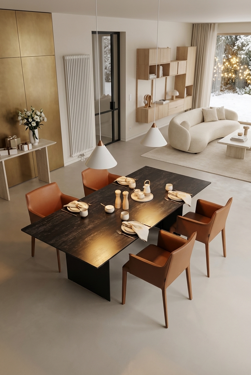 Dunkles Esszimmer mit Esstisch Tarvisio und gebürsteten Messingelementen