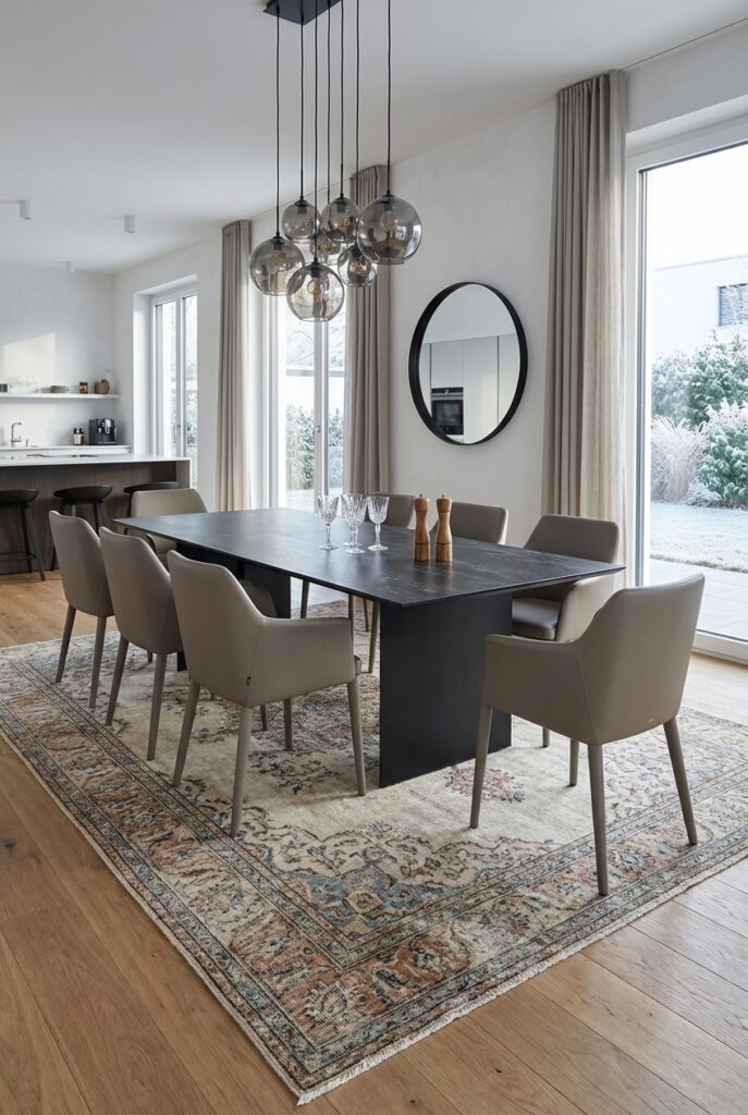 Esszimmer mit skandi-inspiriertem Teppich und dunklem Esstisch Tarvisio Keramik Oxido