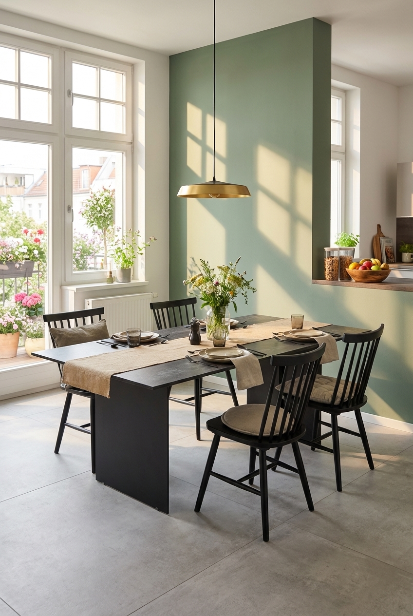 Esszimmer mit farbigem Wandvorsprung in gedämpftem Grünton und Esstisch Tarvisio aus Keramik