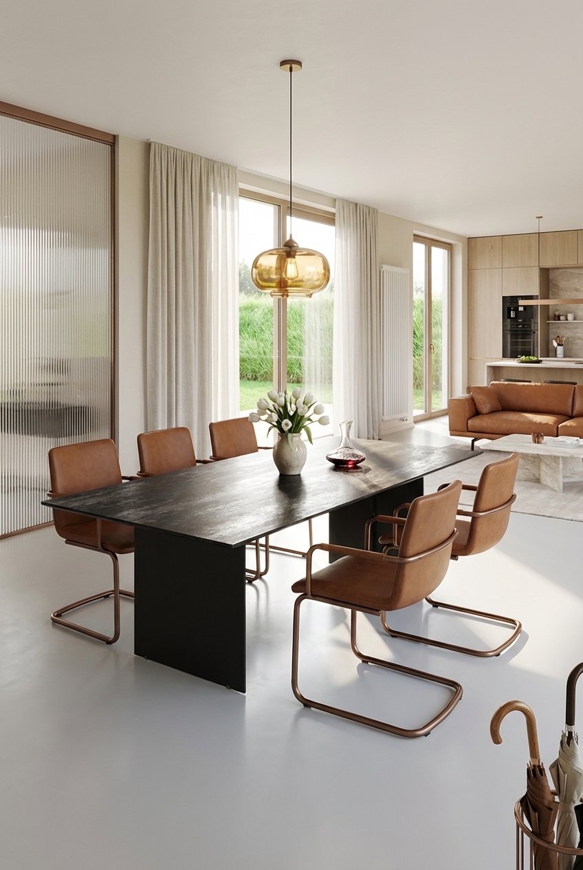 Esszimmer mit freischwingenden Stühlen aus cognacfarbenem Leder um den schwarzen Esstisch Tarvisio Keramik Oxido