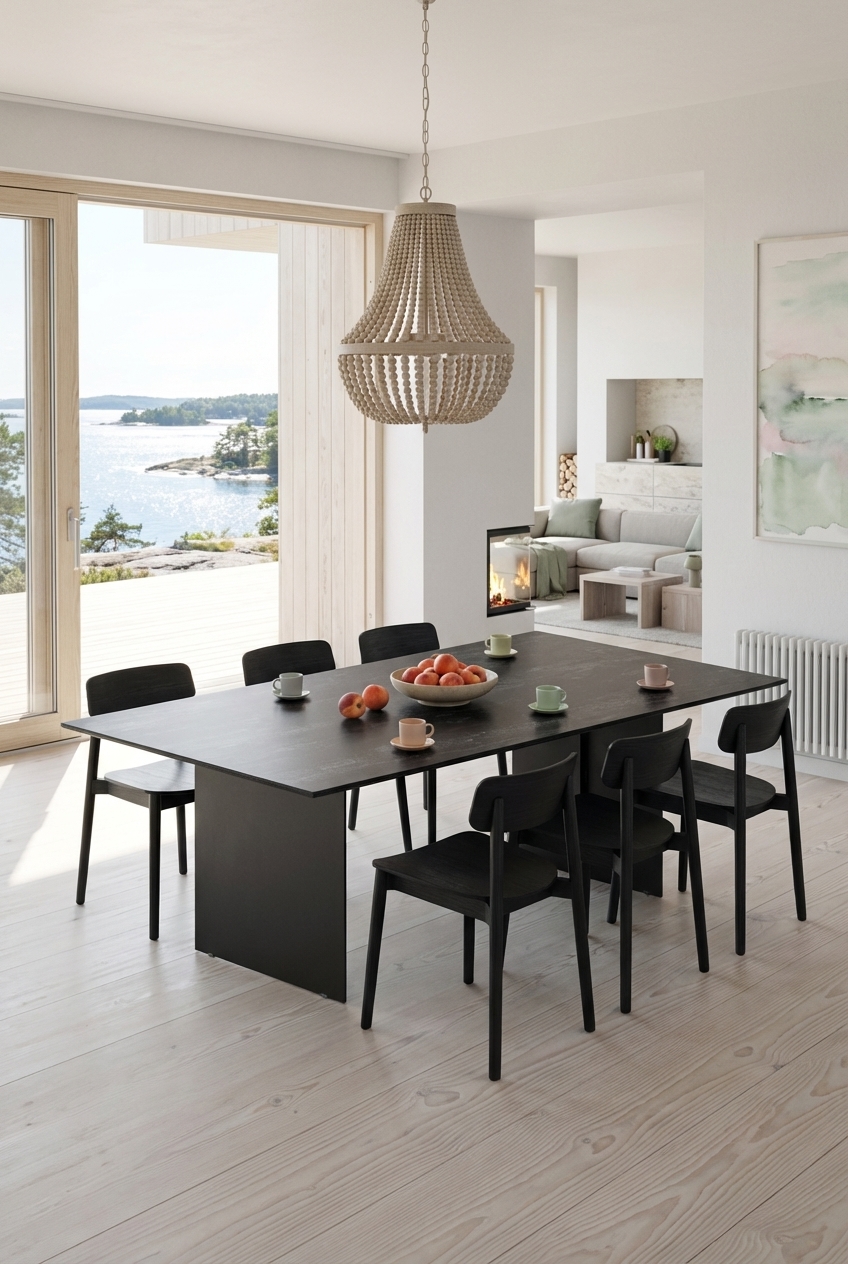 Dunkle Möbel im skandinavischen Esszimmer mit dem Esstisch Tarvisio Keramik Oxido