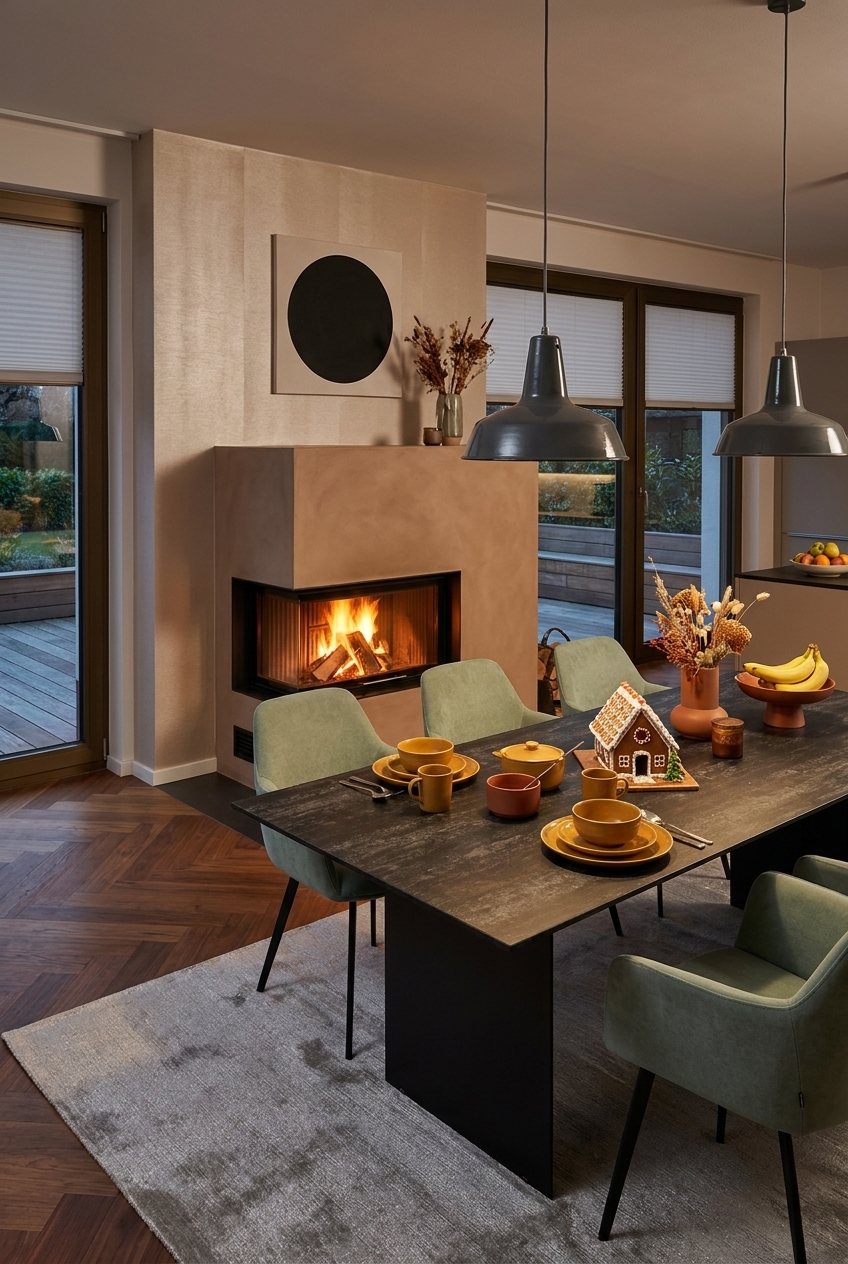 Keramiktisch Tarvisio mit grünen Stühlen vor einem modernen Einbaukamin