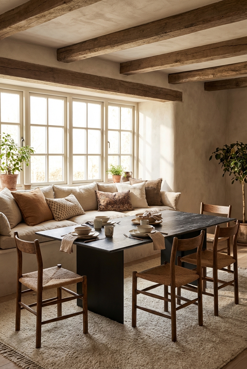 Esszimmer mit breiter Sitzbank, die zusätzliche Ablagefläche neben dem Esstisch bietet