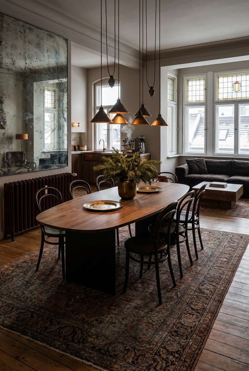 Ein vintage Esszimmer mit einem ovalen Nussbaum-Esstisch auf einem verblichenen Orientteppich.