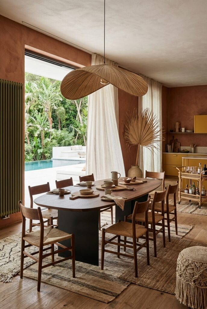 Esszimmer in Boho-Style mit terrakottafarbener Wand, Holztisch Tarvisio Oval und hellen Vorhängen