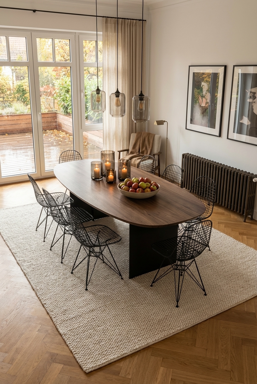 Hellgrauer Teppich hebt schwarze Stuhlgestelle und harmoniert mit dem ovalen Esstisch Tarvisio aus Nussbaum.